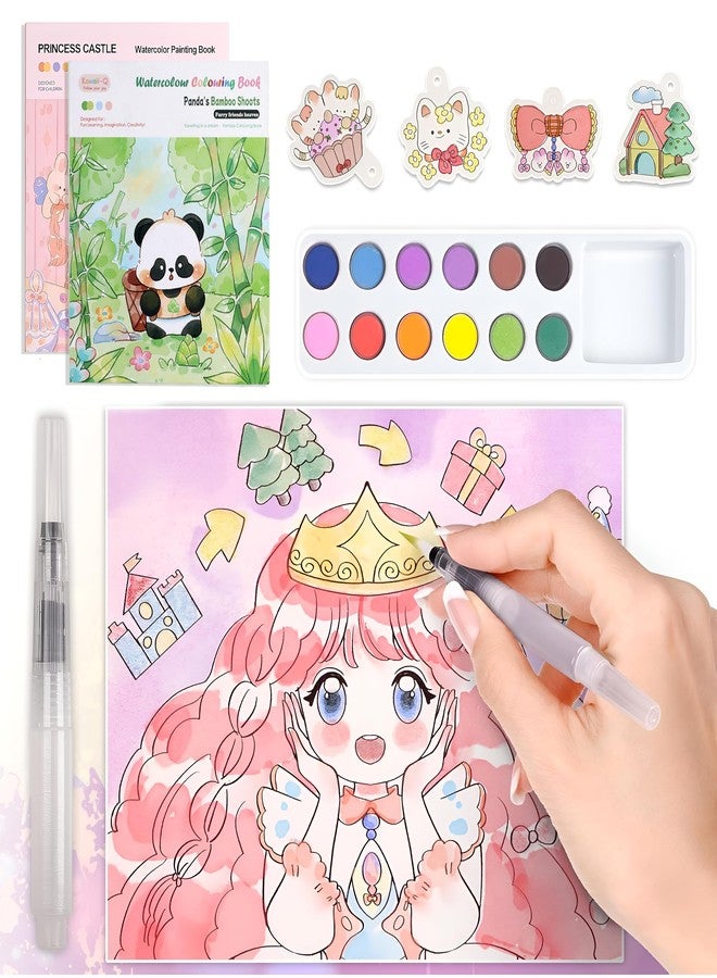 توي شاين مجموعة توي شاين من كتابين للرسم بالألوان المائية برسومات كرتونية، مزودة بفرشاة ومجموعة ألوان من 12 قطعة، مثالية للمبتدئين في الرسم، هدايا تذكارية لأعياد الميلاد، هدايا للحفلات، مجموعات تعليمية للأطفال من عمر 3 سنوات فما فوق - Image 1